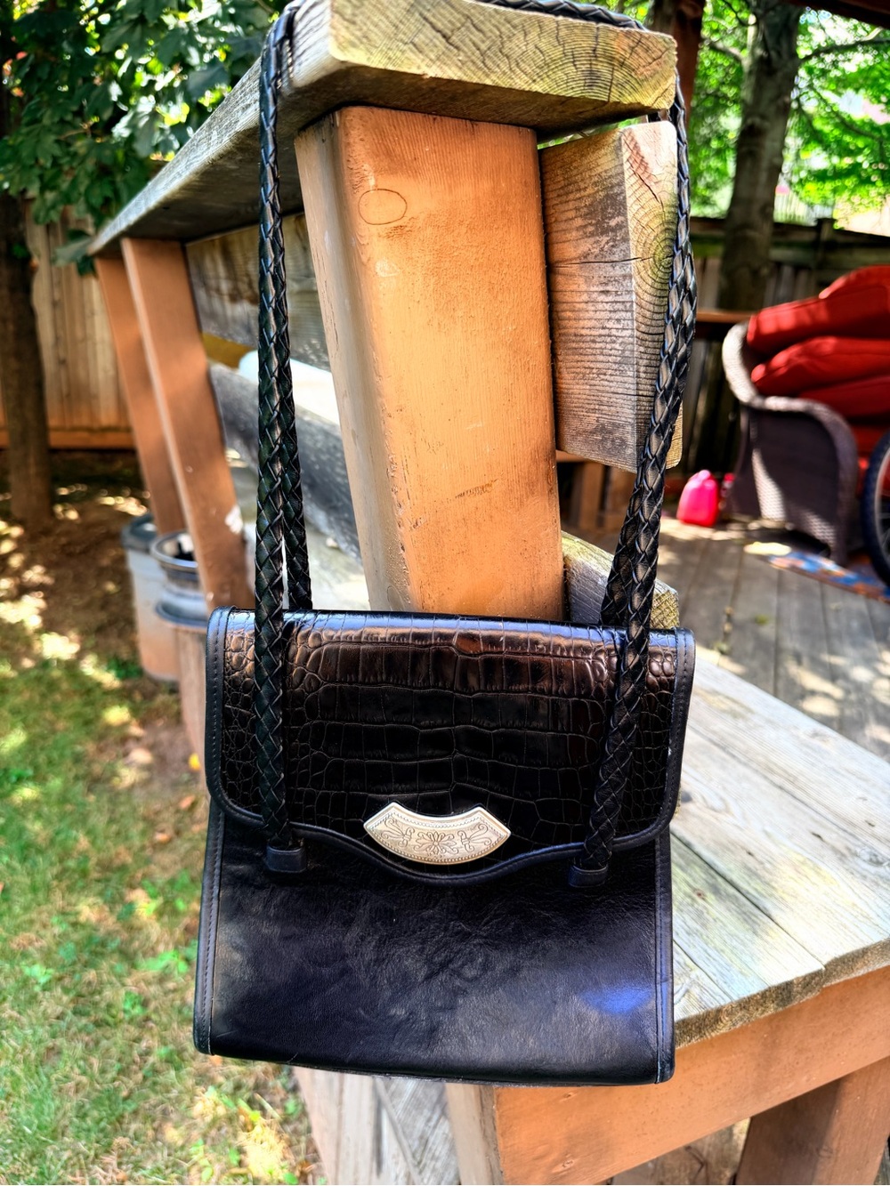 Vintage 90’S Y2K BRIGHTON Designer Black Croc Leather Medium Shoulder Purse Bag